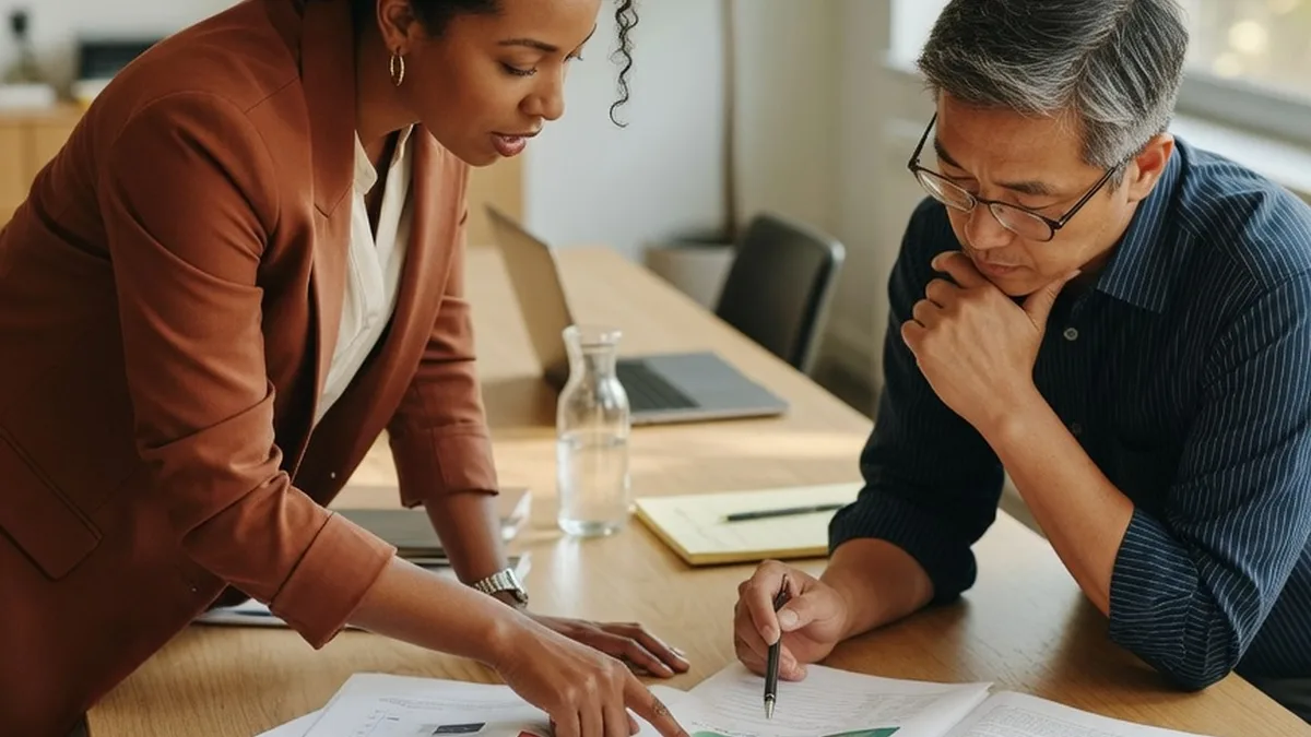Deux professionnels relisant des documents projet autour d'une table
