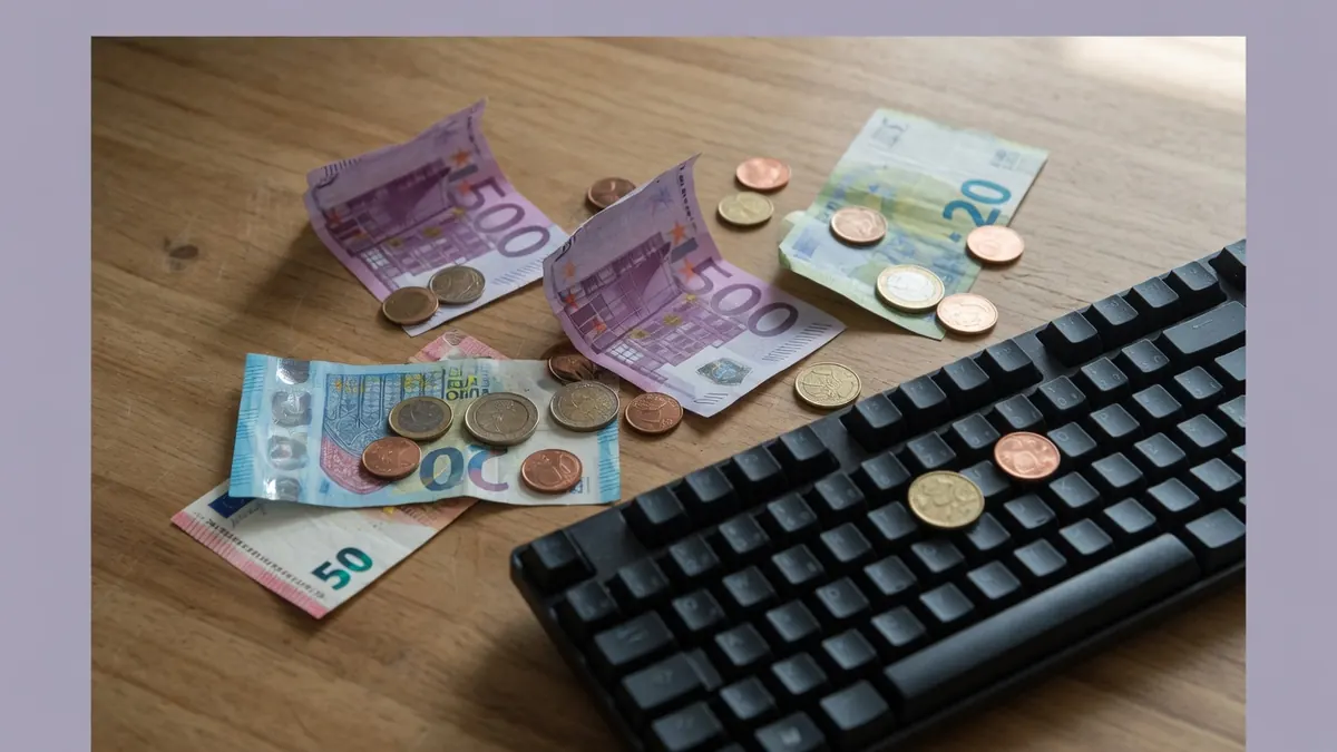 Pièces et billets d'euros à côté d'un clavier d'ordinateur