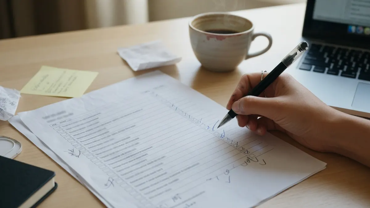 Checklist d'audit annotée à la main sur un bureau