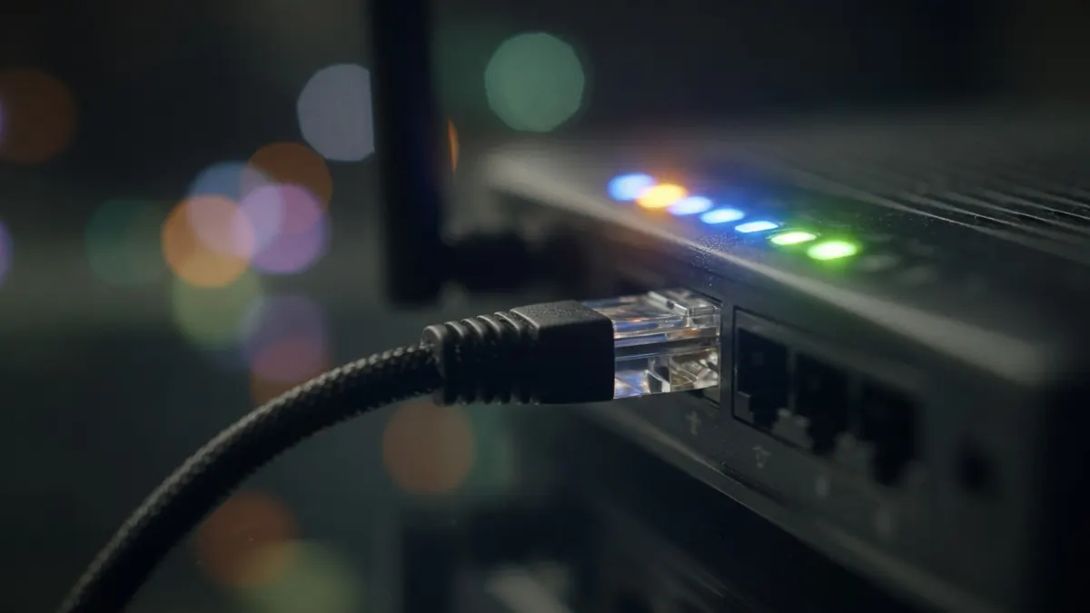 Câble ethernet et routeur en gros plan symbolisant la connexion