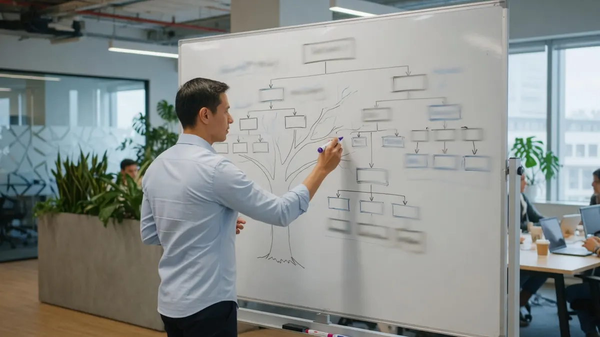 Architecte traçant un plan d'arborescence sur un tableau blanc