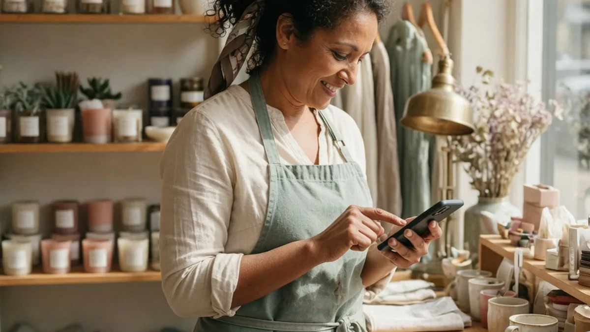 Commerçant utilisant un smartphone dans sa boutique