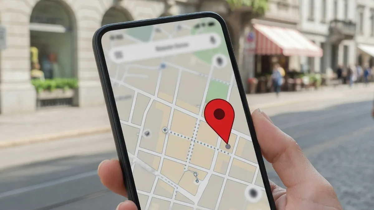 Main tenant un smartphone affichant une carte avec un repère