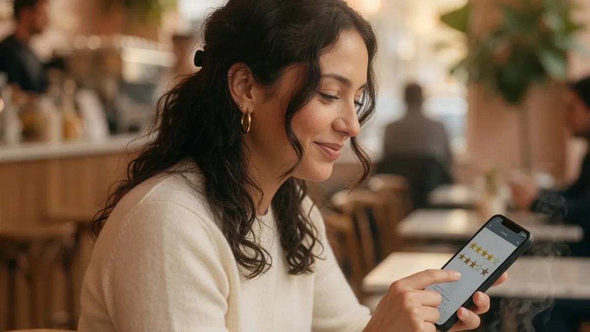 Cliente laissant un avis sur son téléphone dans un café