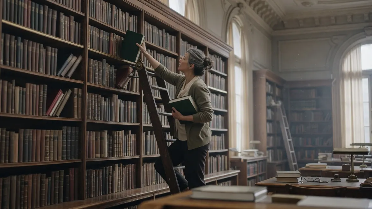 Bibliothécaire classant des ouvrages symbolisant l'indexation