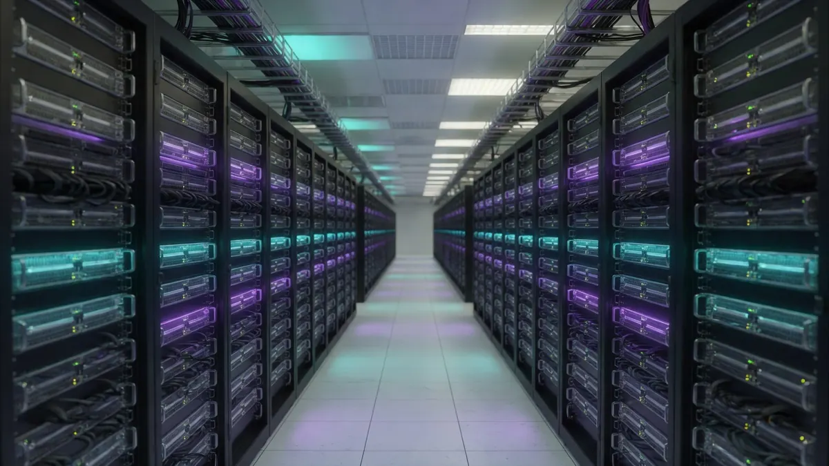 Data center IA avec baies de calcul illuminées