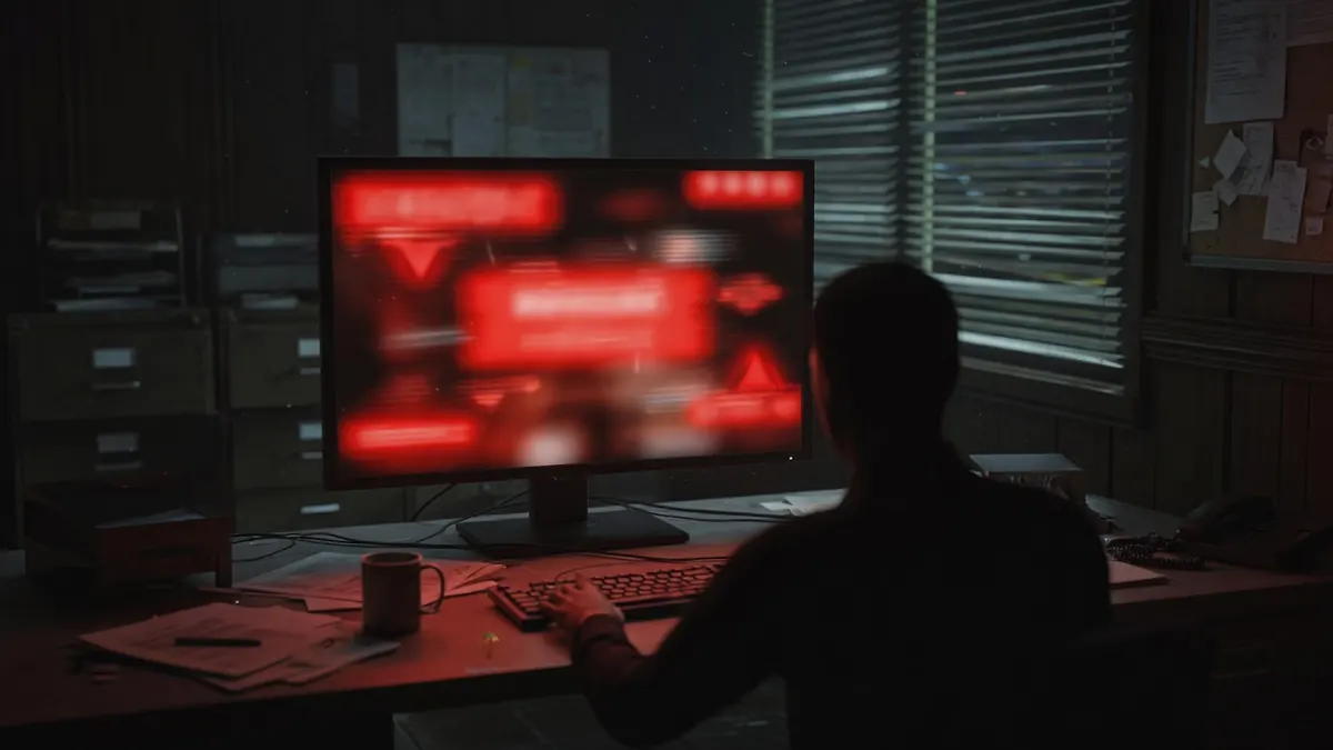 Écran d'alerte de sécurité flou dans un bureau sombre