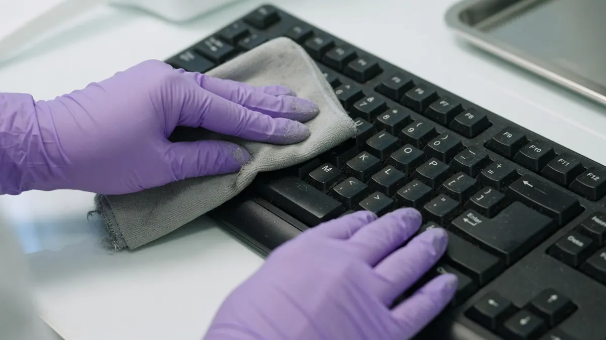 Nettoyage et désinfection symbolisés par des gants et un clavier
