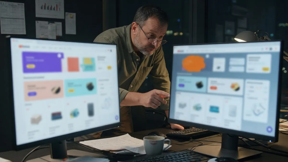 Entrepreneur comparant deux solutions sur deux écrans