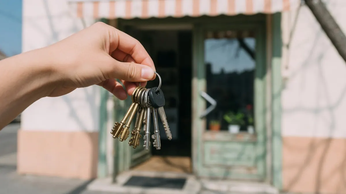Clés de propriété remises devant une boutique