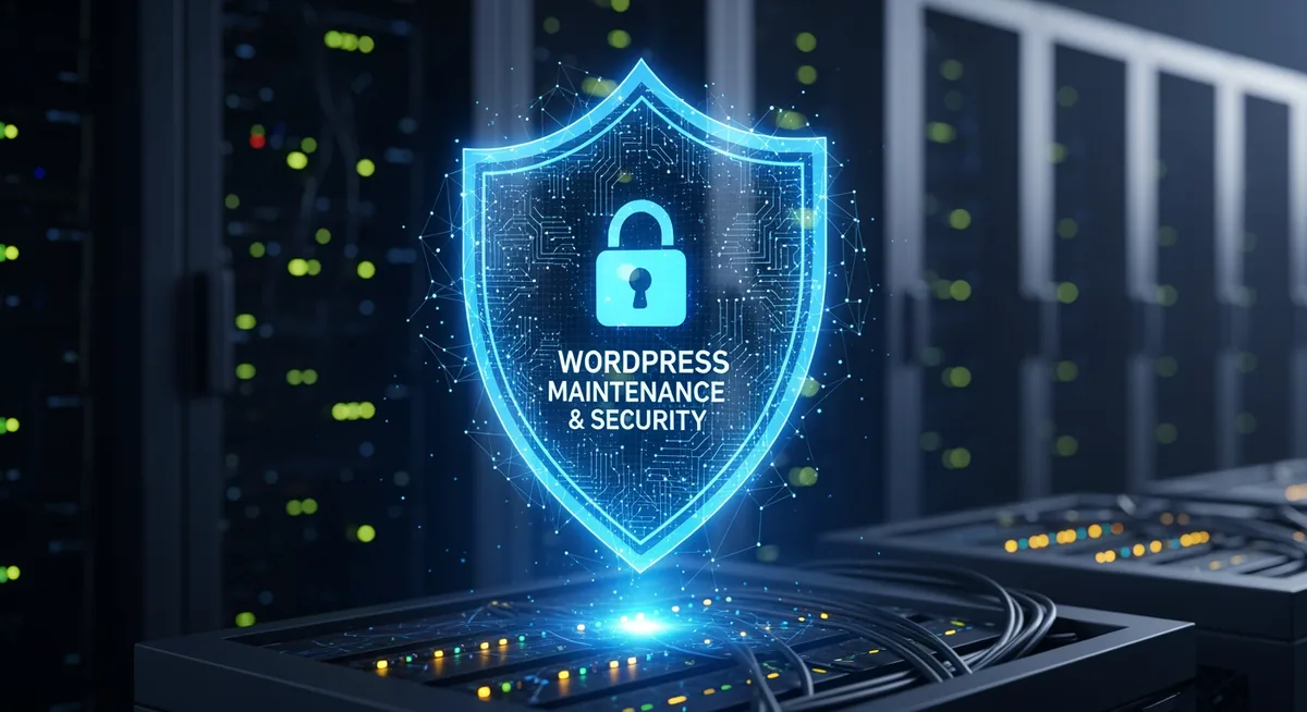 Salle serveur sécurisée avec éclairage bleu pour la maintenance et sécurité WordPress