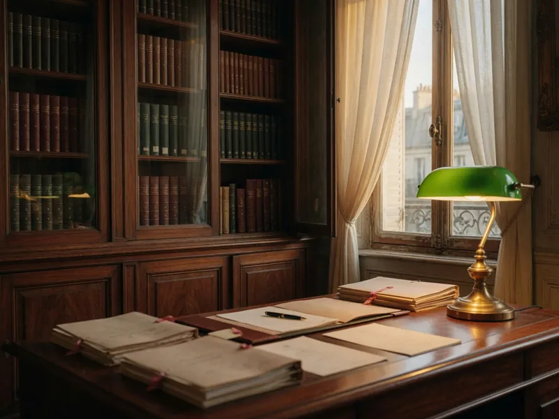 Bureau du cabinet d'avocats Mérieux, bibliothèque en noyer et lampe de banquier en laiton