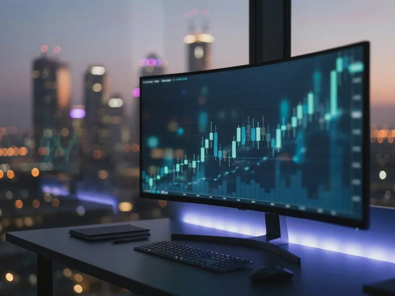 Écran incurvé affichant des graphiques financiers, dashboard fintech FinEdge