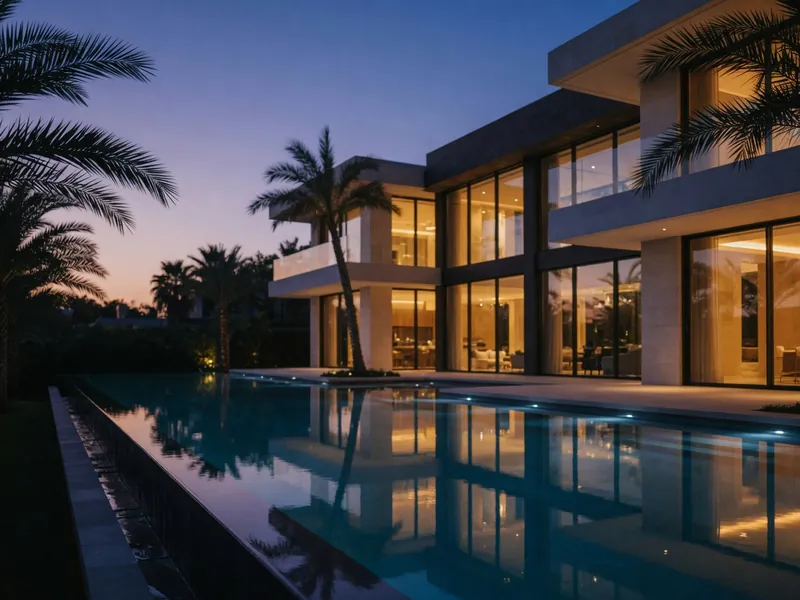 Villa contemporaine de luxe au crépuscule, réalisation immobilière Groupe Meridian