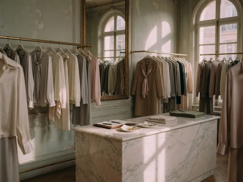 Boutique de mode haut de gamme Maison Laurent, portants de vêtements en soie et comptoir en marbre