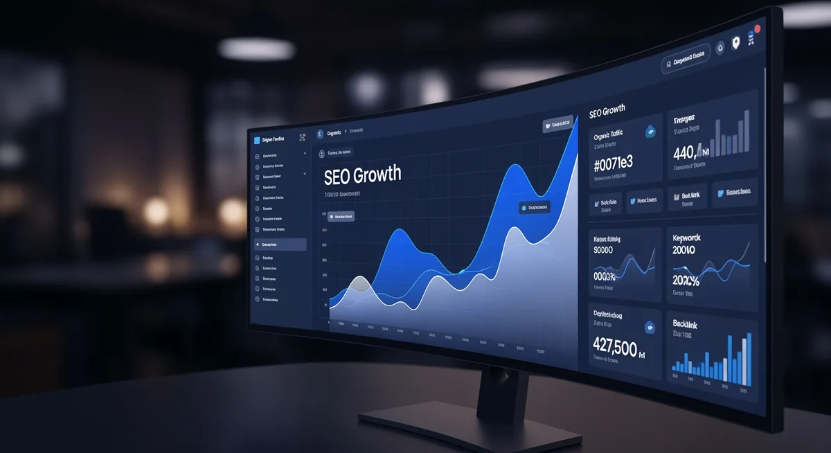 Dashboard d'analyse SEO avec graphiques de positions et métriques de trafic organique