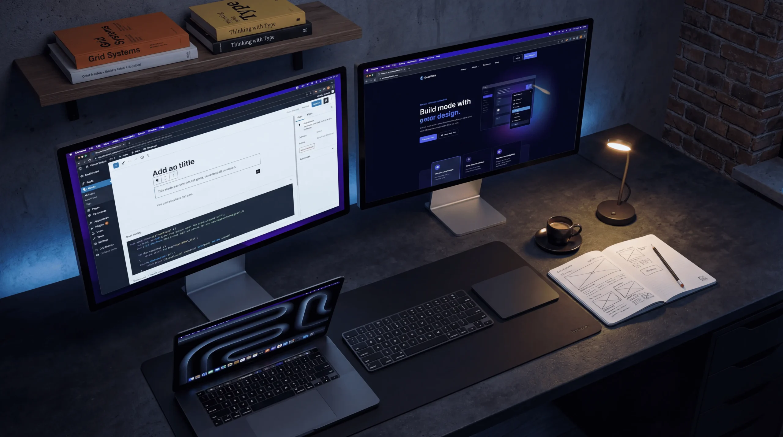 Bureau de développement WordPress avec écrans de code et maquettes de sites web
