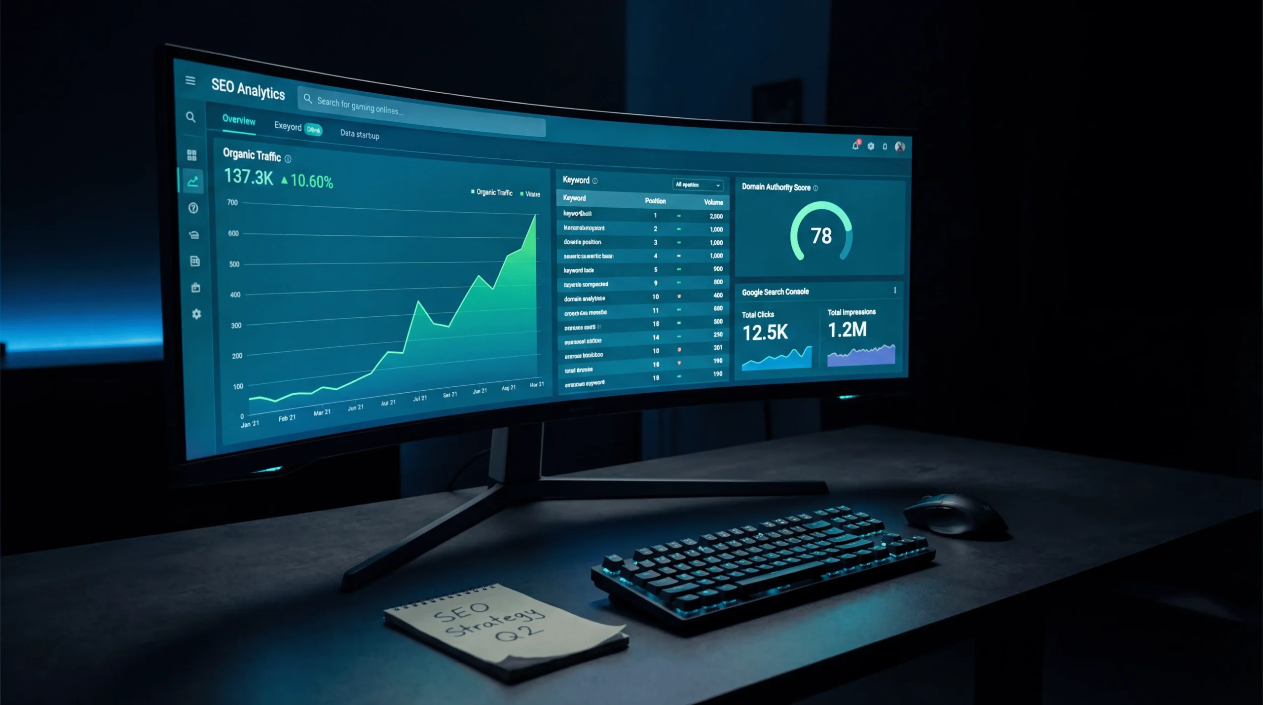 Dashboard d'analyse SEO avec graphiques de positions et métriques de trafic organique
