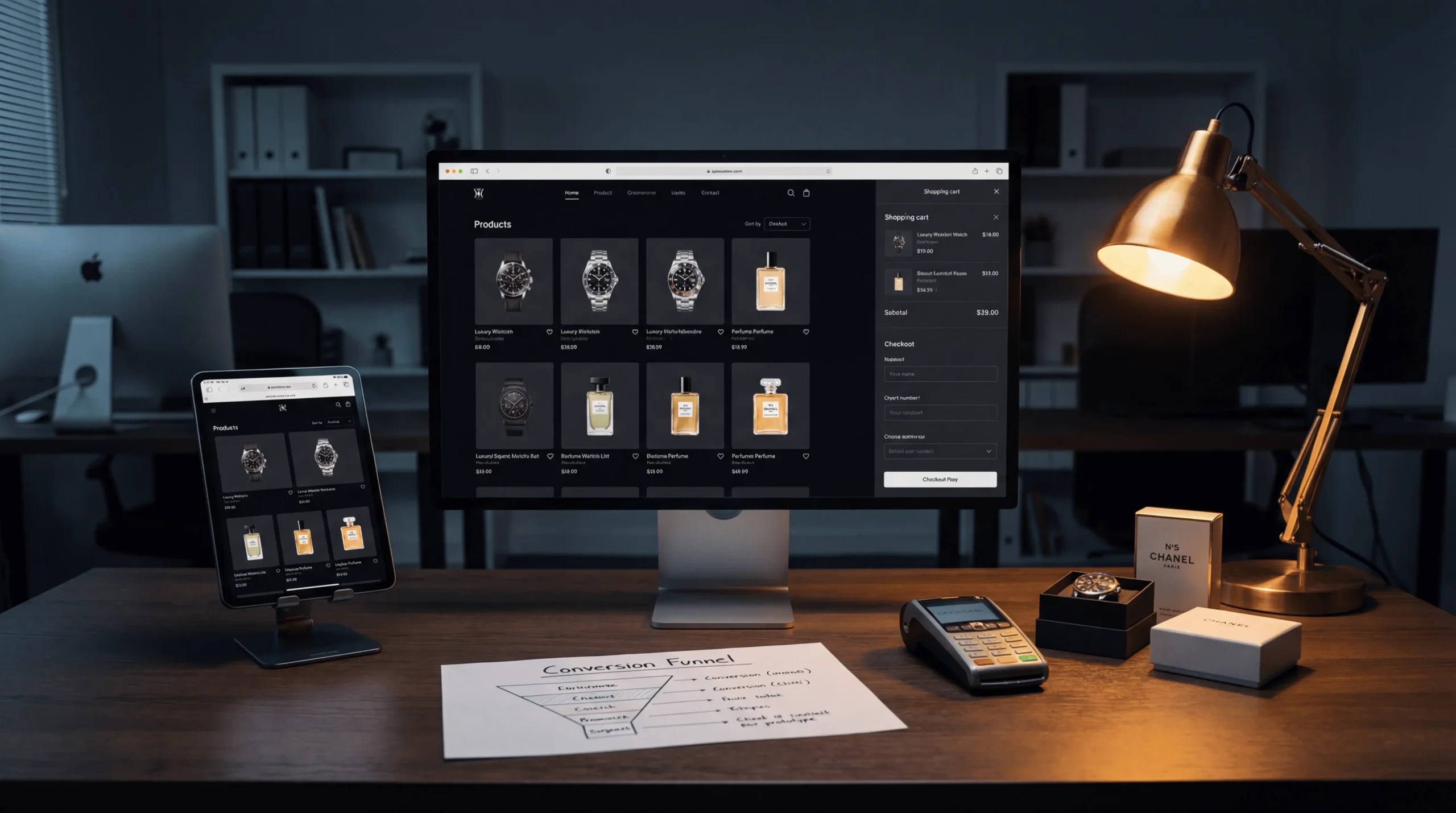 Interface e-commerce sur tablette avec produits et panier d'achat