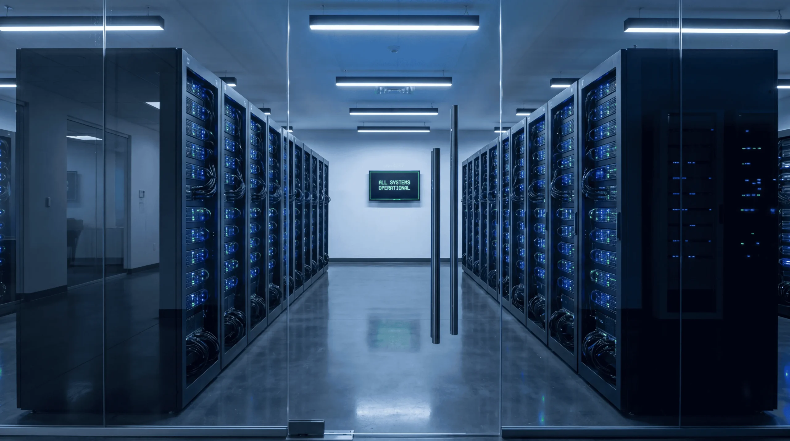 Salle serveur sécurisée avec éclairage bleu pour la maintenance et sécurité WordPress